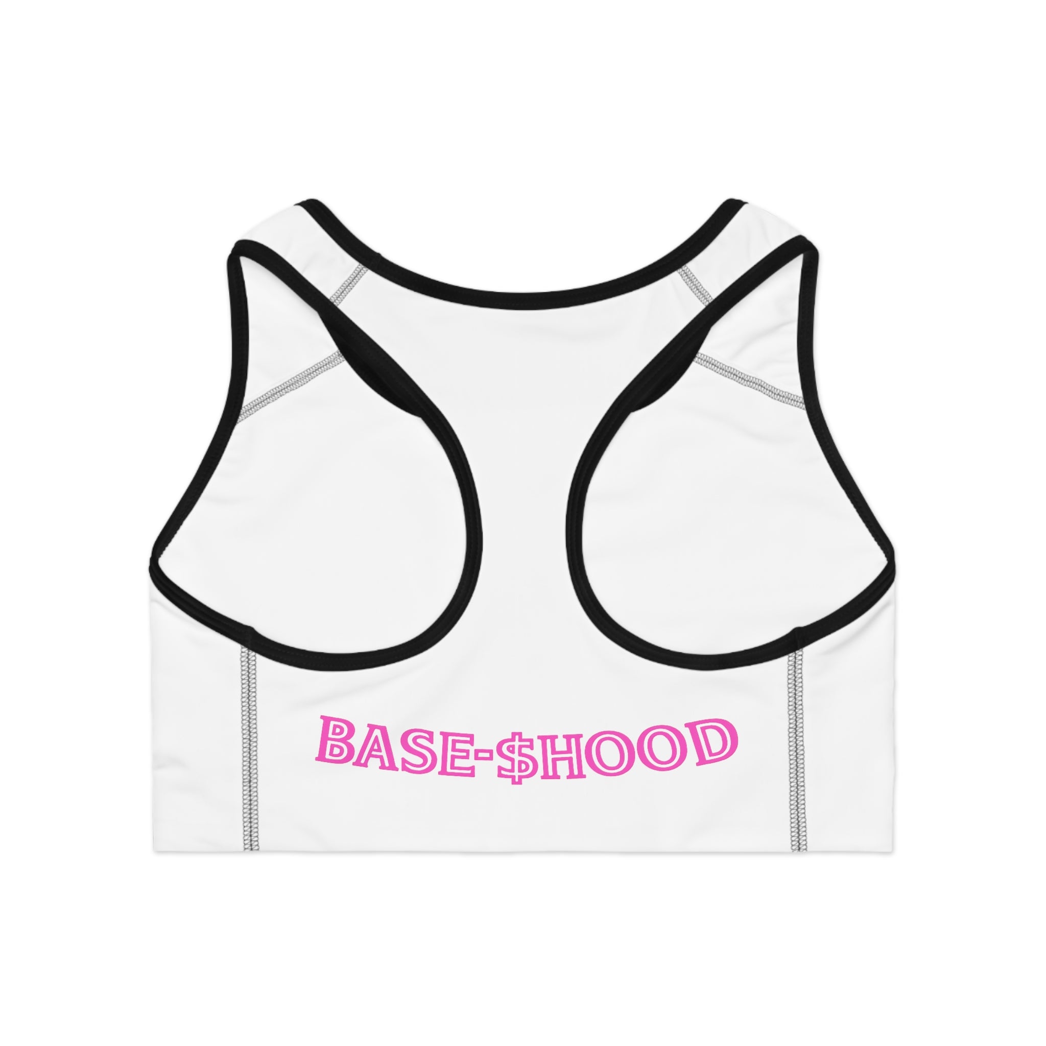 Sports Bra — Pink 'BB' Crypto Logo Crop Top with 'BASE-HOOD' Back Text