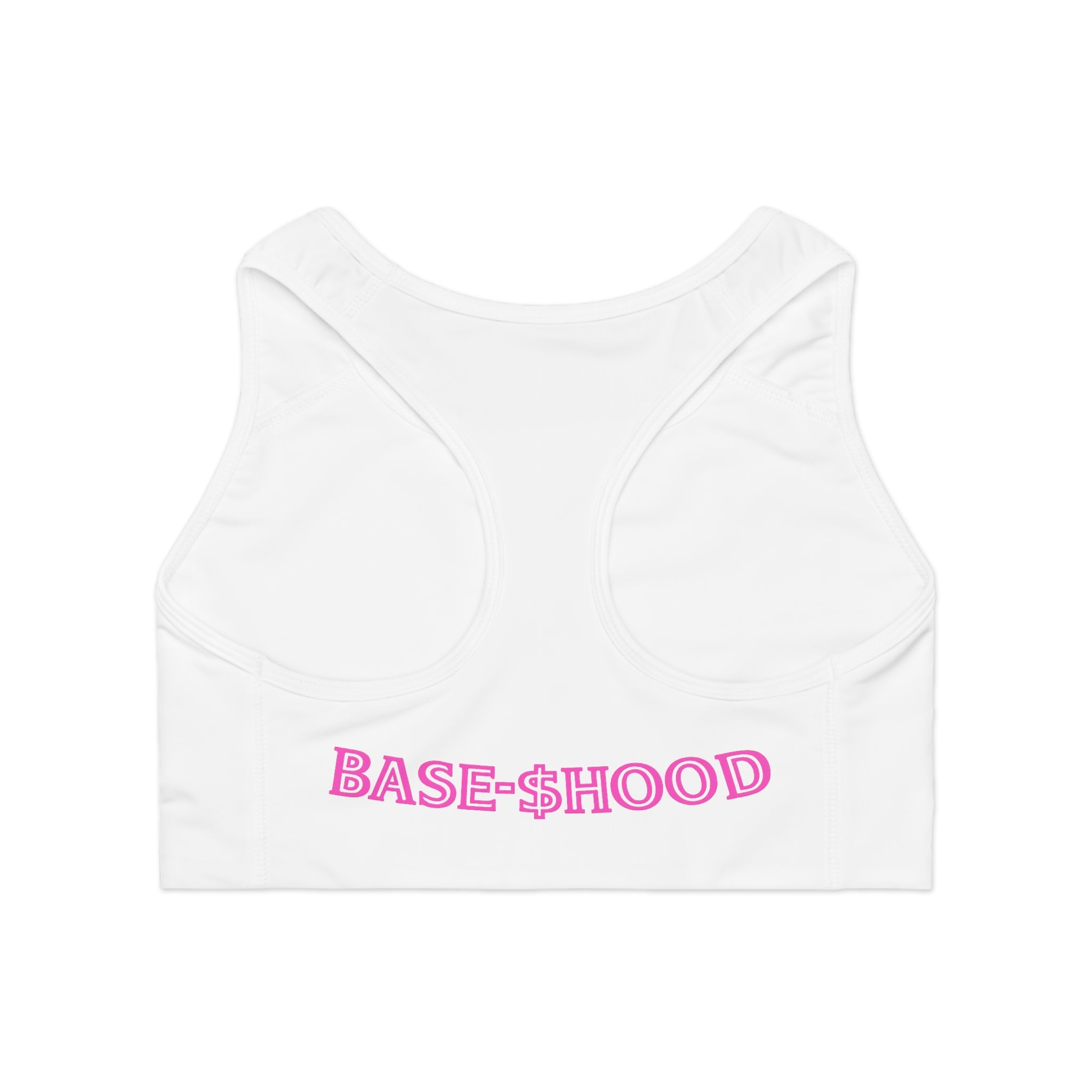 Sports Bra — Pink 'BB' Crypto Logo Crop Top with 'BASE-HOOD' Back Text