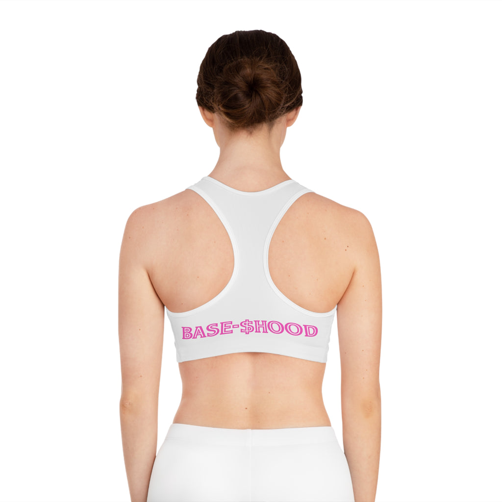 Sports Bra — Pink 'BB' Crypto Logo Crop Top with 'BASE-HOOD' Back Text