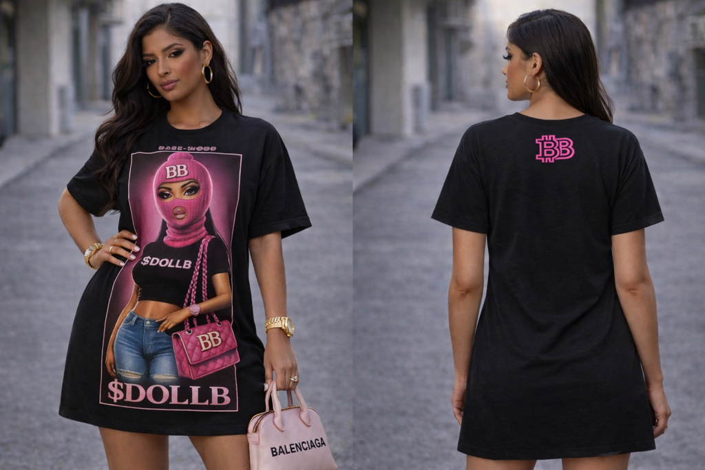 Barbie Baddie T-Shirt Dress — 'BB' Neon Logo & Masked Doll Graphic