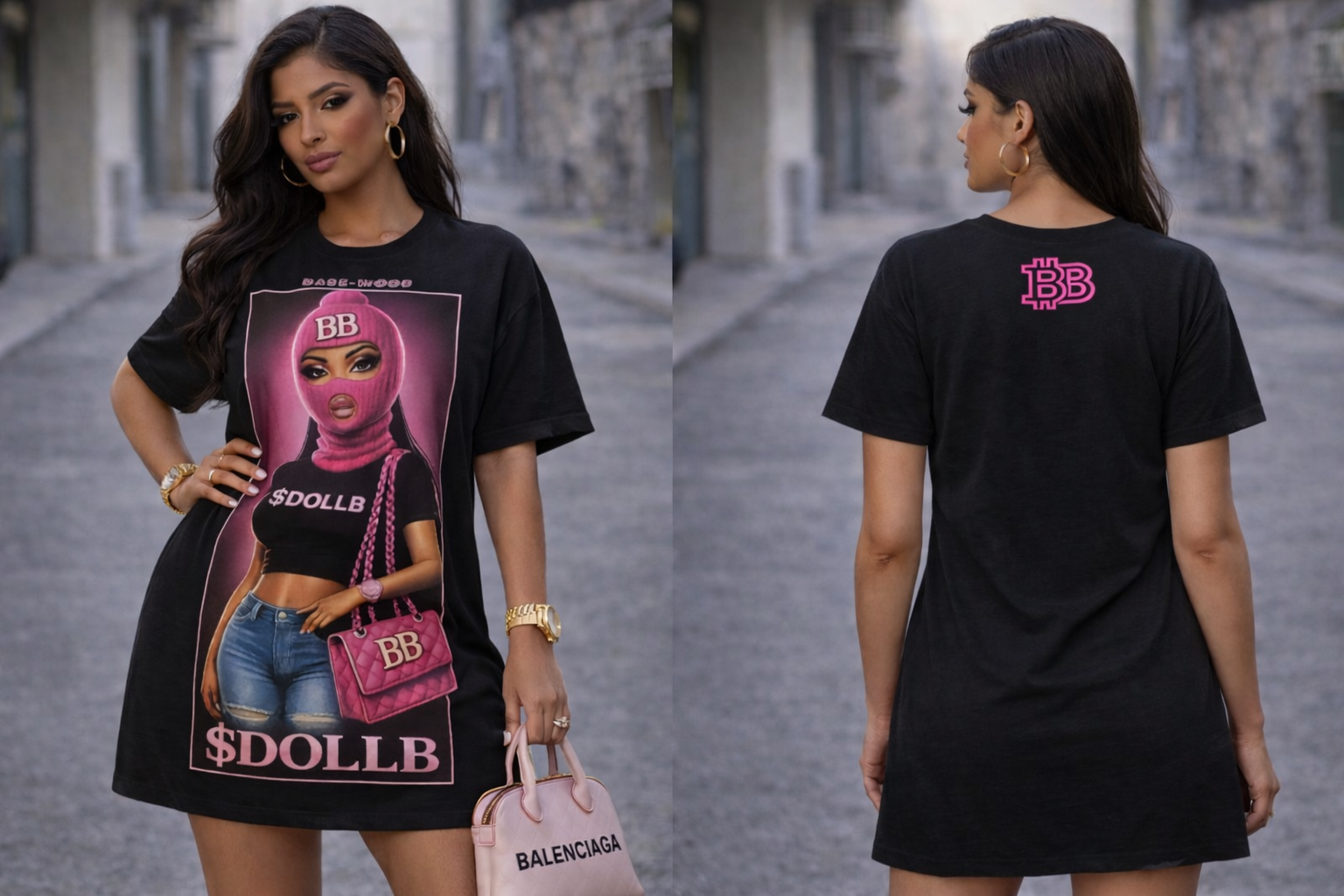 Barbie Baddie T-Shirt Dress — 'BB' Neon Logo & Masked Doll Graphic