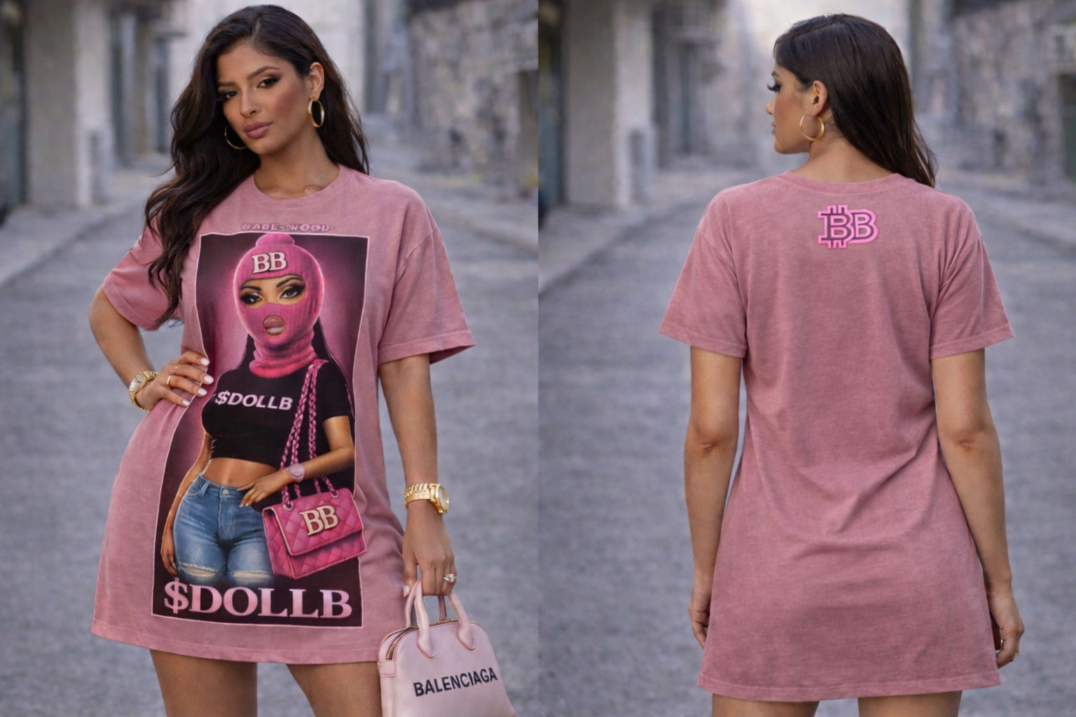Barbie Baddie T-Shirt Dress — 'BB' Neon Logo & Masked Doll Graphic