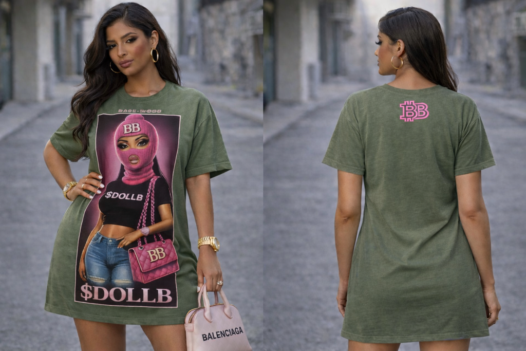Barbie Baddie T-Shirt Dress — 'BB' Neon Logo & Masked Doll Graphic