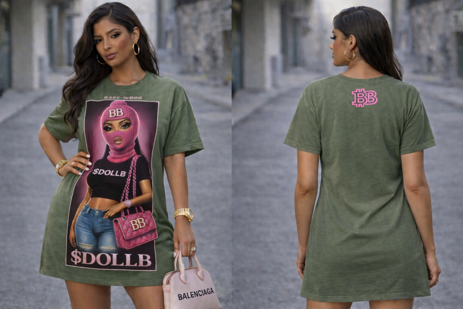 Barbie Baddie T-Shirt Dress — 'BB' Neon Logo & Masked Doll Graphic