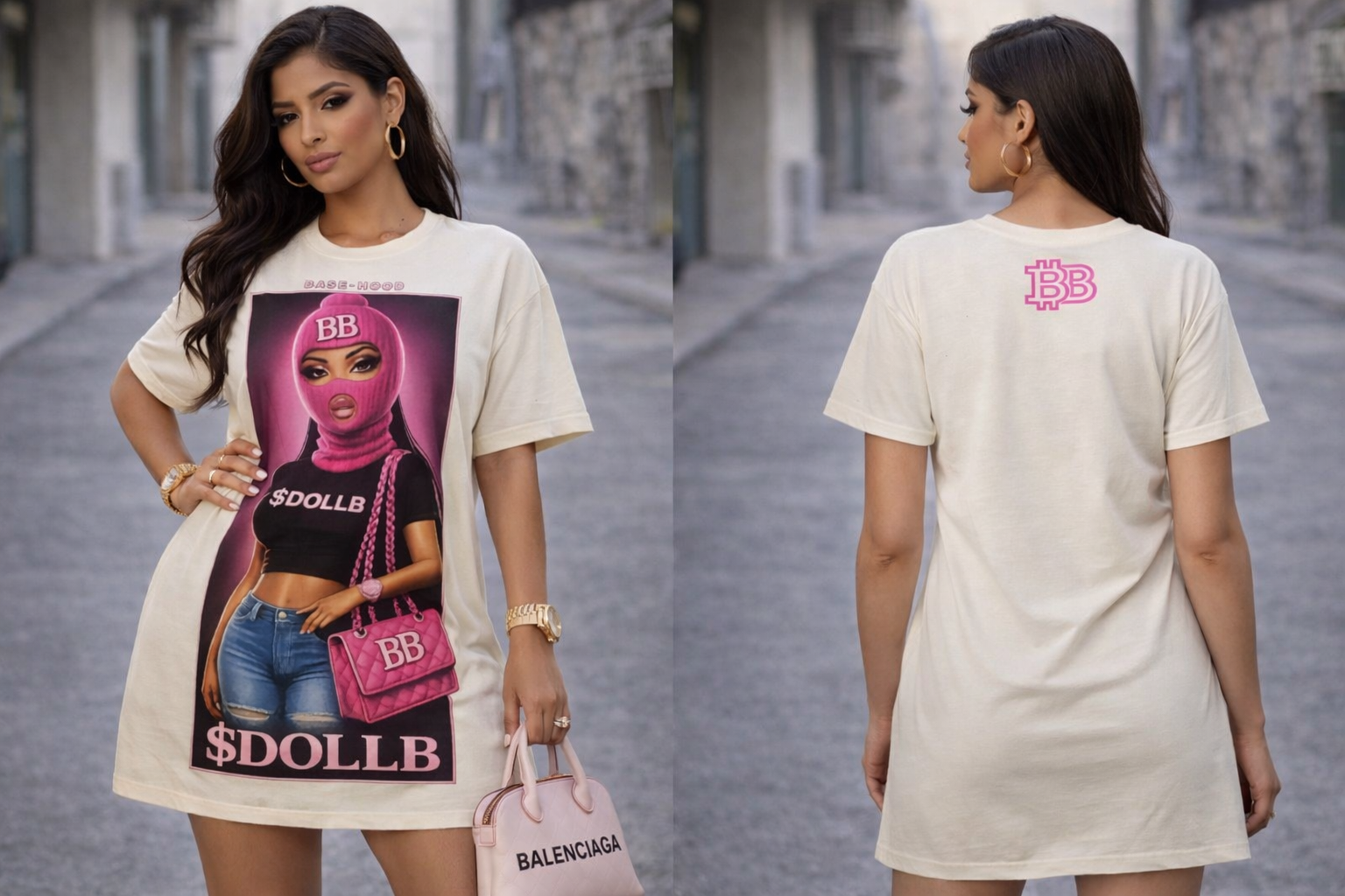 Barbie Baddie T-Shirt Dress — 'BB' Neon Logo & Masked Doll Graphic