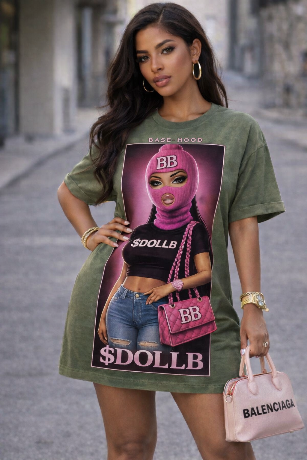 Barbie Baddie T-Shirt Dress — 'BB' Neon Logo & Masked Doll Graphic