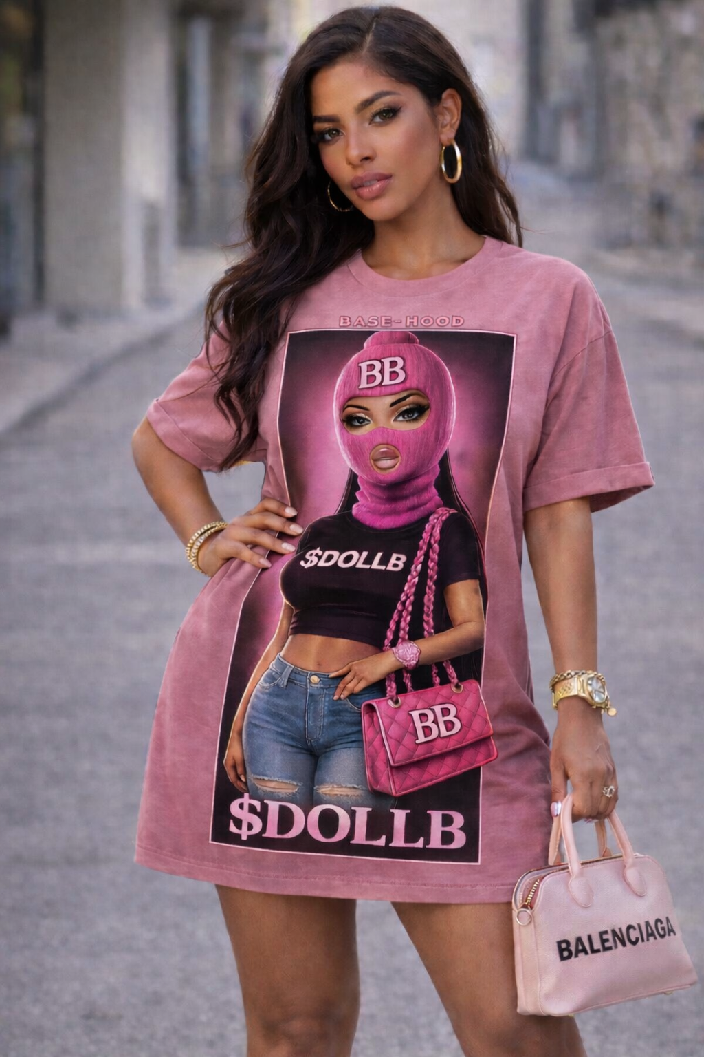 Barbie Baddie T-Shirt Dress — 'BB' Neon Logo & Masked Doll Graphic