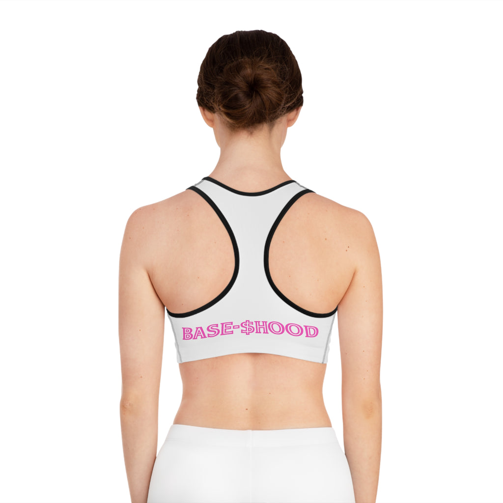 Sports Bra — Pink 'BB' Crypto Logo Crop Top with 'BASE-HOOD' Back Text