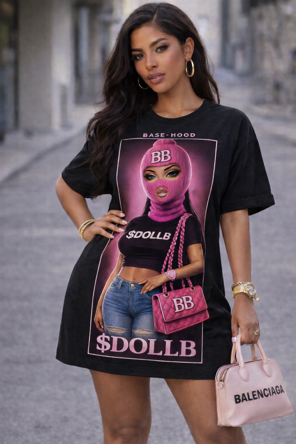 Barbie Baddie T-Shirt Dress — 'BB' Neon Logo & Masked Doll Graphic
