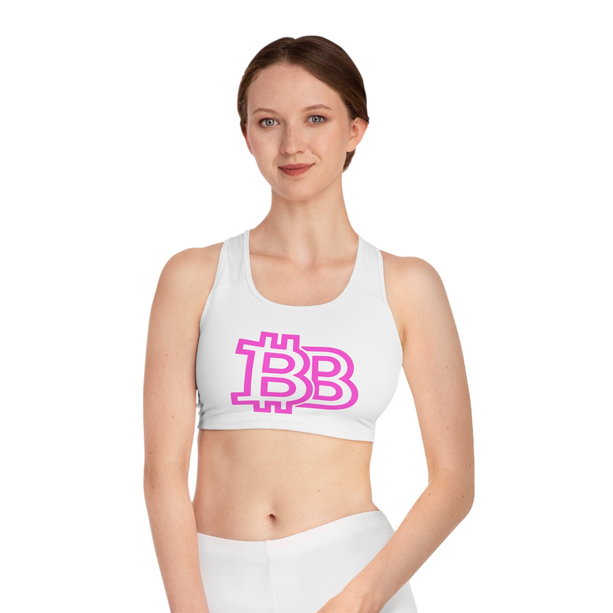Sports Bra — Pink 'BB' Crypto Logo Crop Top with 'BASE-HOOD' Back Text