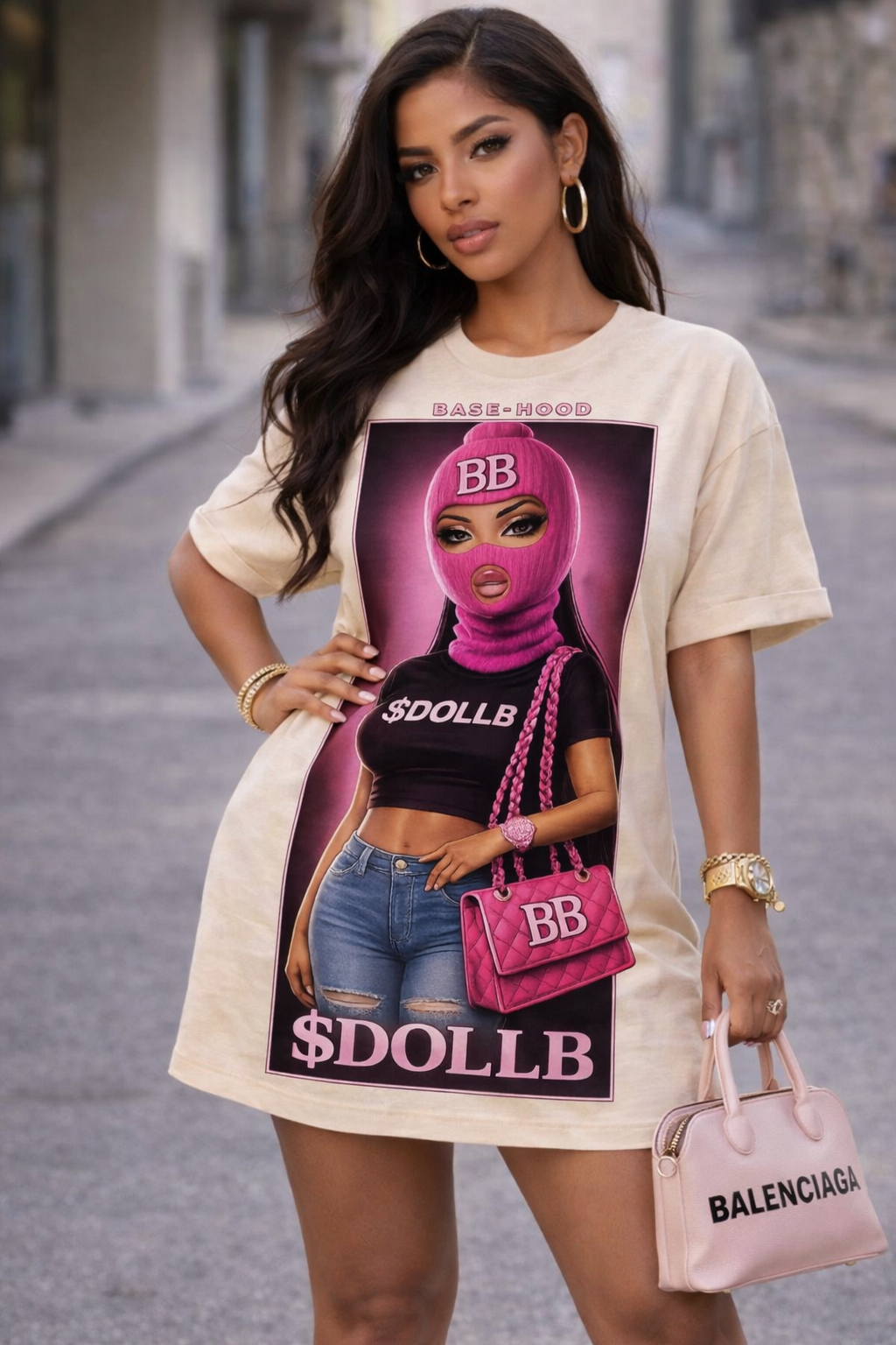 Barbie Baddie T-Shirt Dress — 'BB' Neon Logo & Masked Doll Graphic