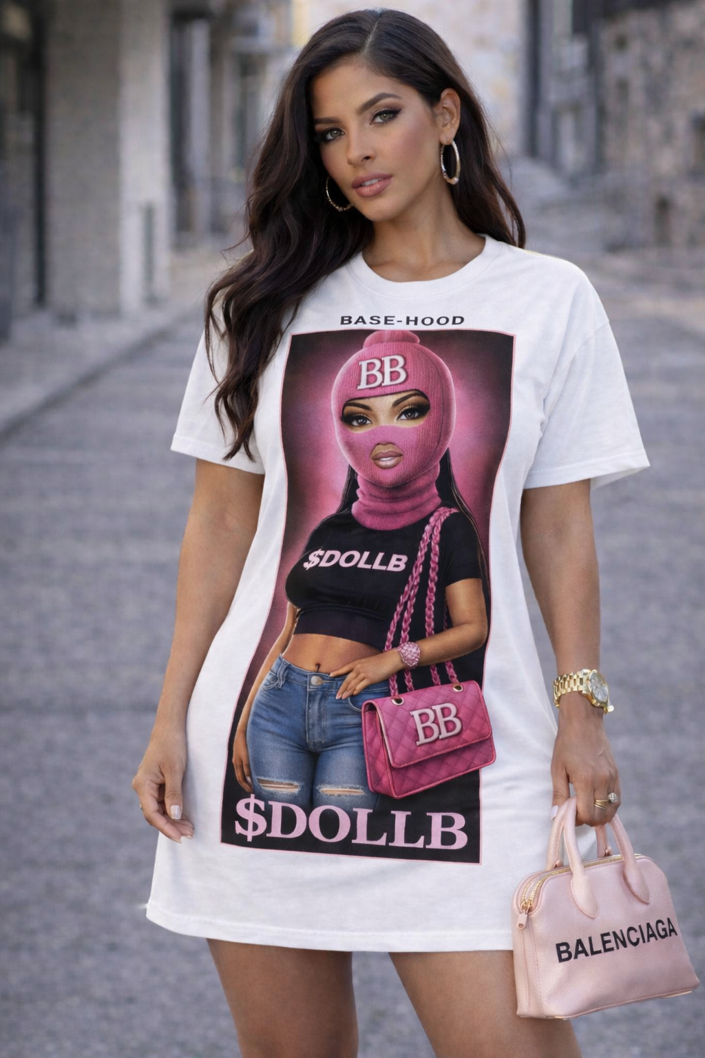 Barbie Baddie T-Shirt Dress — 'BB' Neon Logo & Masked Doll Graphic